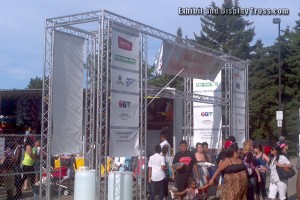Aluminum truss entrance way or gantry for special event. Rib fest entrance way.