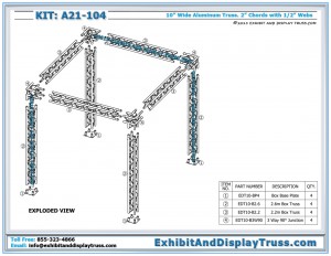 Exploded view Truss Display Kit: A21-104. 10' x 10' booth size. 10" wide aluminum box truss