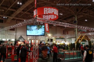 Rapala convention booth exhibit. A large open display booth used to frame in existing displays for products and services.