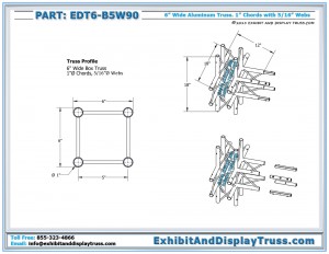 Dimensions for EDT6_B5W90 5 Way 90° Box Junction. 6" wide Aluminum box truss