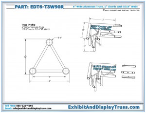 Dimensions for EDT6_T3W90R 3 Way 90° Junction Right. 12" by 12" Aluminum Triangle Junction