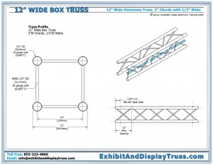 Profile Dimensions for 12" wide box truss. 4 Chord aluminum truss. 2" chord diameter.