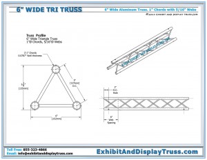 Profile Dimensions for 6" Wide Triangle Truss. 3 Chord Aluminum Truss. Various Lengths available.