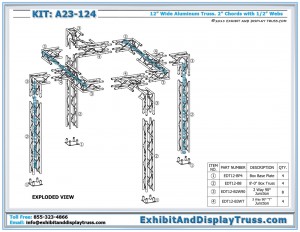 Exploded view of Display Kit A23-124. 10' x 10' booth size. 12" wide aluminum box truss.