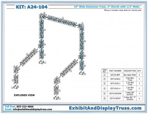 Exploded view of Display Kit A24-104. 10' x 10' booth size. 10" wide aluminum box (square) truss.