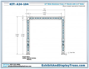 Front View of Display Kit A24-104. 10' x 10' booth size. 10" wide aluminum box (square) truss.