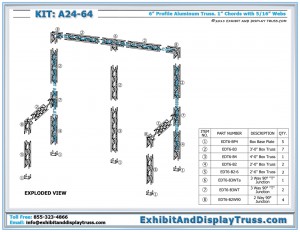 Parts list of Display Kit A24-64. 10' x 10' booth size. 6" wide mini Box Truss.