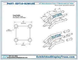 Dimensions for EDT10_B2W150 10" wide 2 Way 150° Square Junction. Aluminum box Truss