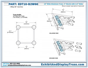 Dimensions for EDT10_B2W60 10″ Wide 2 Way 60° Box Junction. Aluminum square (box) truss