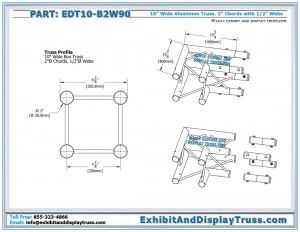 Dimensions for EDT10_B2W90 10" wide 2 Way 90° Box Junction. Aluminum box (square) truss