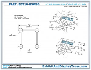 Dimensions for EDT10_B3W90 10" wide 3 Way 90° Box Junction. Aluminum box truss