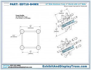 Dimensions for EDT10_B4WX 10″ Wide 4 Way 90° "X" Box Junction. Aluminum box (square) truss