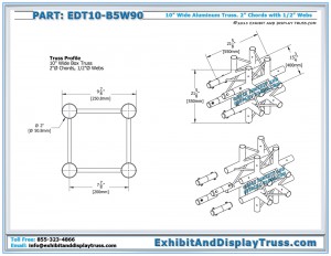 Dimensions for EDT10_B5W90 10" wide 5 Way 90° Box Junction. Aluminum box (square) truss by EDT Exhibit and Display Truss