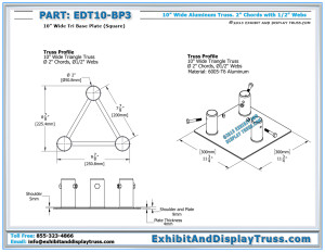 Dimensions for EDT10_BP3 10 inch Wide Tri Base Plate. 3 Chord aluminum triangle truss.