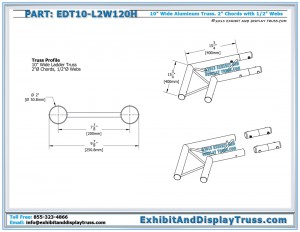 Dimensions for EDT10_L2W120H 10" wide 2 Way 120° Junction Horizontal. Aluminum ladder truss
