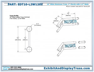 Dimensions for EDT10_L2W120V 10" wide 2 Way 120° Junction Vertical. 10" wide aluminum flat truss