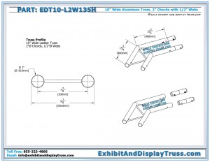 Dimensions for EDT10_L2W135H 10" wide 2 Way 135° Junction Horizontal. Aluminum ladder (flat) truss