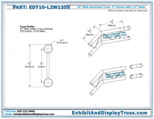 Dimensions for EDT10_L2W135V 10" wide 2 Way 135° Junction Vertical. Aluminum ladder truss