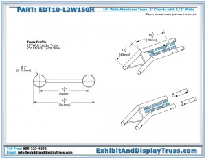 Dimensions for EDT10_L2W150H 10" wide 2 Way 150° Junction Horizontal. Aluminum Ladder Truss