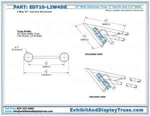 Dimensions for EDT10_L2W45H 10" wide 2 Way 45° Junction Horizontal. Aluminum ladder truss