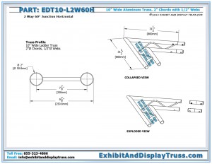 Dimensions for EDT10_L2W60H 10" wide 2 Way 60° Junction Horizontal. 10" wide aluminum truss