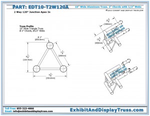 Dimensions for EDT10_T2W120A 10″ Wide 2 Way 120° Junction Apex In. Aluminum Tri Truss