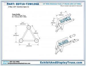 Dimensions for EDT10_T2W135A 10" wide 2 Way 135° Junction Apex In. Aluminum tri truss