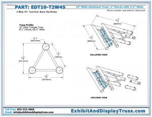 Dimensions for EDT10_T2W45 10" wide 2 Way 45° Junction Apex Up/Down. Aluminum Triangle Truss
