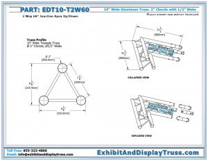 Dimensions for EDT10_T2W60 10" wide 2 Way 60° Junction Apex Up/Down. Aluminum Tri Truss