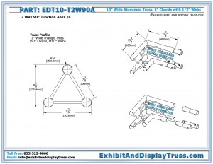 Dimensions for EDT10_T2W90A 10" wide 2 Way 90° Junction Apex In. Aluminum tri truss