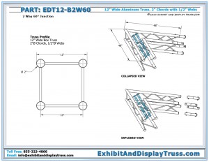 Dimensions for EDT12_B2W60 12" Wide 2 Way 60° Box Junction. Aluminum box (square) Truss