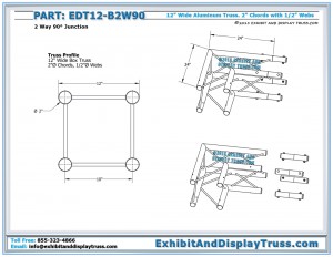 Dimensions for EDT12_B2W90 12″ Wide 2 Way 90° Box Junction. Aluminum box truss