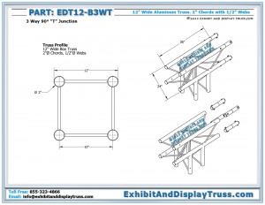 Dimensions for EDT12_B3WT 12" wide 3 Way 90° "T" Box Junction. Aluminum box (square) Truss
