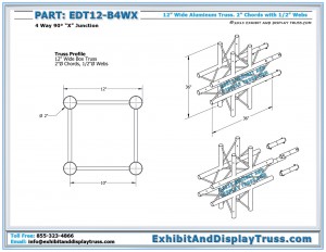 Dimensions for EDT12_B4WX 12" wide 4 Way 90° "X" Box Junction. Aluminum box (square) truss