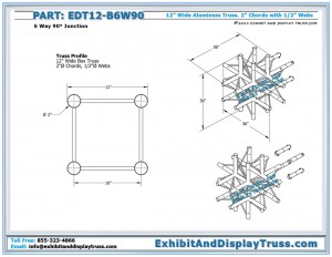 Dimensions for EDT12_B6W90 12" wide 6 Way 90° Box Junction. Aluminum box (square) truss