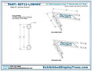 Dimensions for EDT12_L2W45V 12″ Wide 2 Way 45° Junction Vertical. Aluminum ladder flat truss