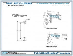 Dimensions for EDT12_L3W90V 12″ Wide 3 Way 90° Junction Vertical. Aluminum ladder (flat) truss