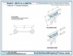 Dimensions for EDT12_L3WTH 12″ Wide 3 Way 90° "T" Junction Horizontal. Flat ladder truss