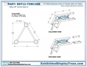 Dimensions for EDT12_T2W120A 12″ Wide 2 Way 120° Junction Apex In. Aluminum triangle truss