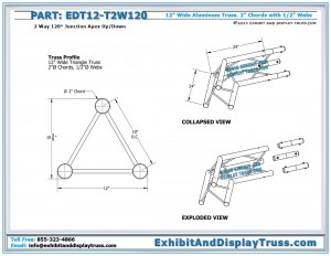 Dimensions for 12″ Wide 2 Way 120° Junction Apex Up/Down. Aluminum triangle truss