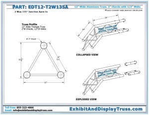 Dimensions for EDT12_T2W135A 12″ Wide 2 Way 135° Junction Apex In. Aluminum triangle truss