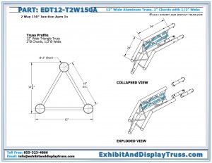 Dimensions for EDT12_T2W150A 12″ Wide 2 Way 150° Junction Apex In. Aluminum triangle truss