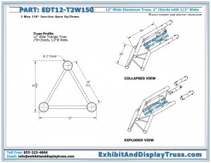 Dimensions for 12″ Wide 2 Way 150° Junction Apex Up/Down. Aluminum tri truss