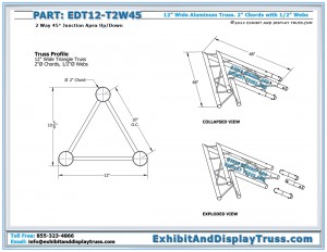 Dimensions for EDT12_T2W45 12″ Wide 2 Way 45° Junction Apex Up/Down. Aluminum Tri Truss