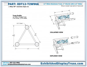 Dimensions for EDT12_T2W90A 12″ Wide 2 Way 90° Junction Apex In. Triangle truss