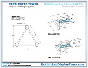 Dimensions for EDT12_T2W90 12″ Wide 2 Way 90° Junction Apex Up/Down. Triangle truss