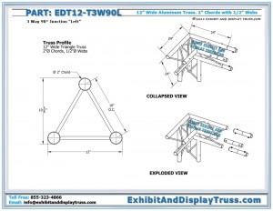 Dimensions for EDT12_T3W90L 12″ Wide 3 Way 90° Junction Left. Triangle truss