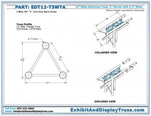 Dimensions for EDT12_T3WTA 12″ Wide 3 Way 90° “T” Junction Apex Down. Triangle truss