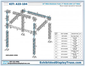Exploded view of parts for Kit_A23-104. 10' x 10' booth size. 10" wide aluminum box truss.