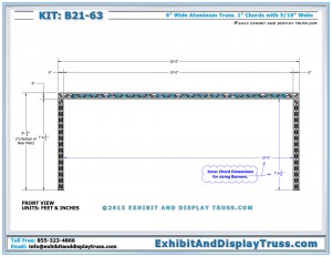 Front View dimensions for Trade Show Merchandise Display. 10'x20' portable exhibits. Made with 6" wide aluminum Mini Truss.